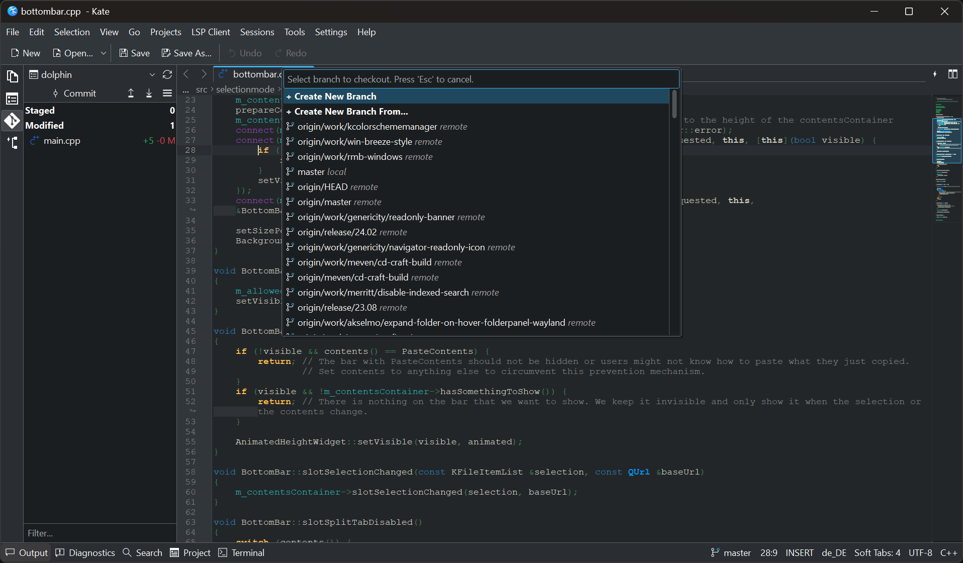 Crea un nove branca de Git con Kate