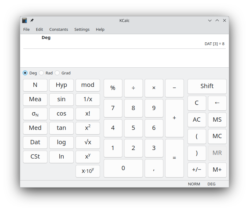 Fenestra de KCalc in modo statistic
