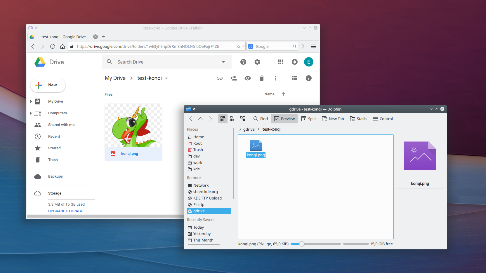 Dolphin som visar KIO GDrive nere till höger, och Falkon som bläddrat till Google Drive uppe till vänster.