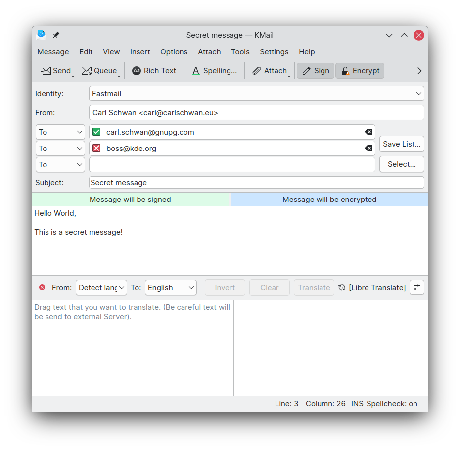 Email Composer (Compositor de e-posta) con un tradictor incorporate